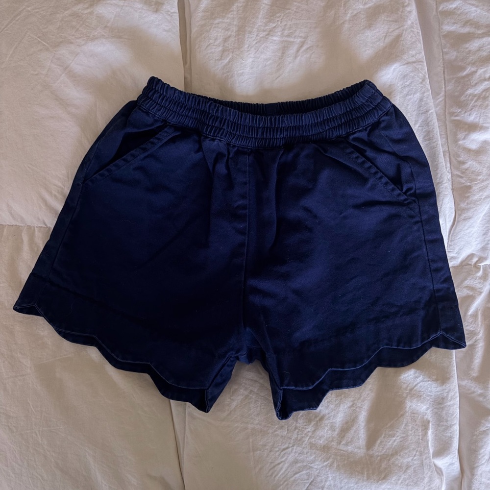 Girls Navy Scallop Hem Elastic Waist Shorts